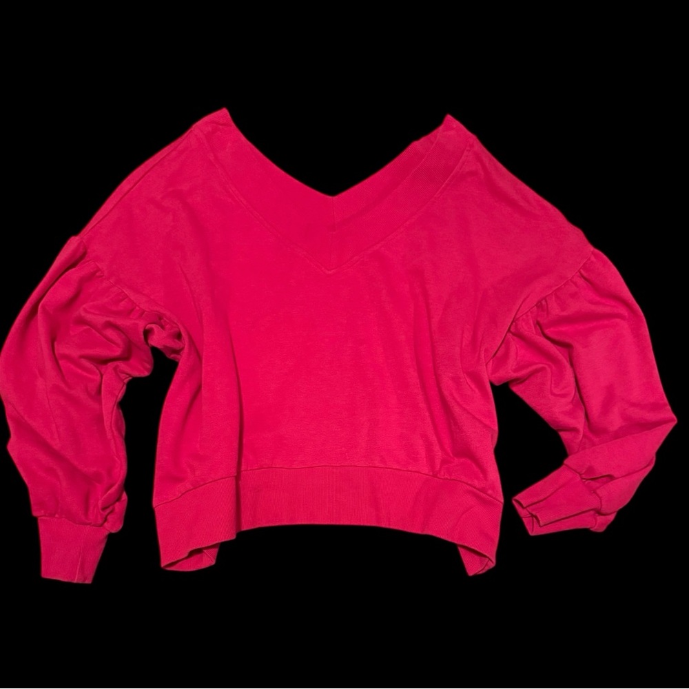 Vibrant Balloon Sleeve Oversized Pink V-Neck Sweatshirt